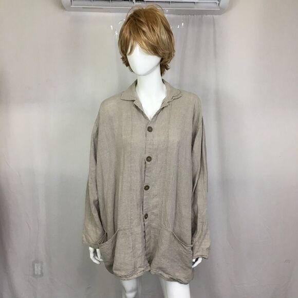 Flax Tan 100% Linen Oversized Lagenlook Button Shirt Jacket Shaket L - Picture 3 of 13